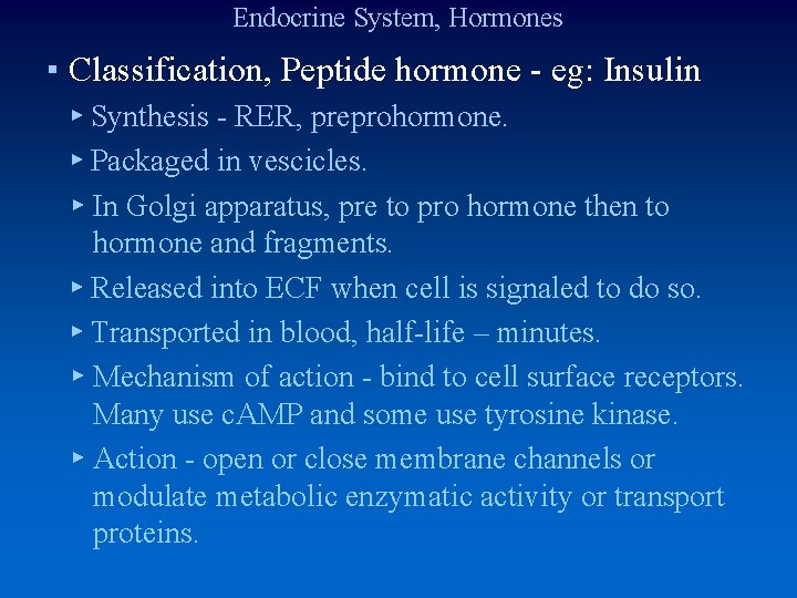 Endocrine System, Hormones ▪ Classification, Peptide hormone - eg: Insulin ▸ Synthesis - RER,