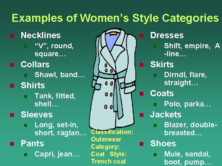 Examples of Women’s Style Categories n Necklines n n Shawl, band… n Tank, fitted,