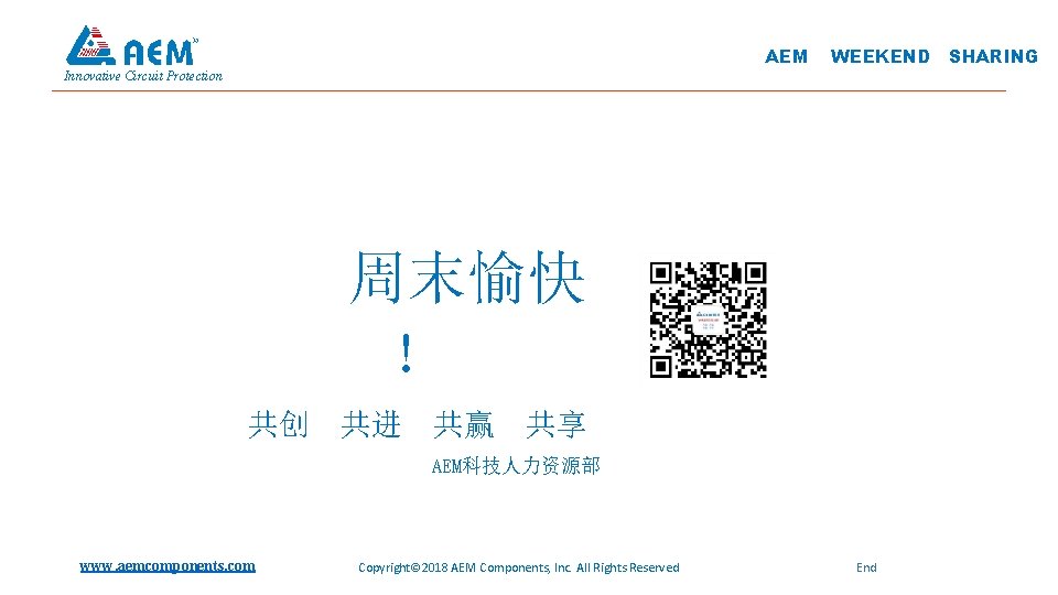 AEM WEEKEND SHARING Innovative Circuit Protection 周末愉快 ！ 共创 共进 共赢 共享 AEM科技人力资源部 www.