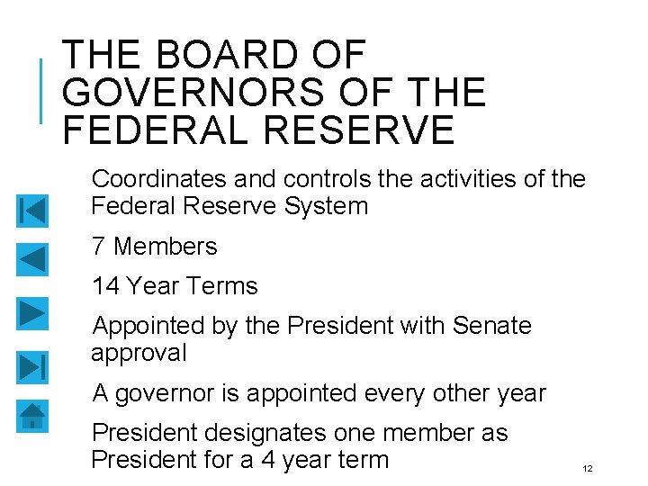 THE BOARD OF GOVERNORS OF THE FEDERAL RESERVE Coordinates and controls the activities of