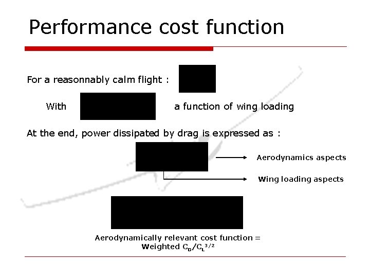Performance cost function For a reasonnably calm flight : With a function of wing Performance cost function For a reasonnably calm flight : With a function of wing