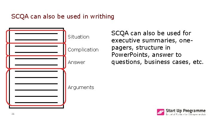 SCQA can also be used in writhing Situation Complication Answer Arguments 26 SCQA can