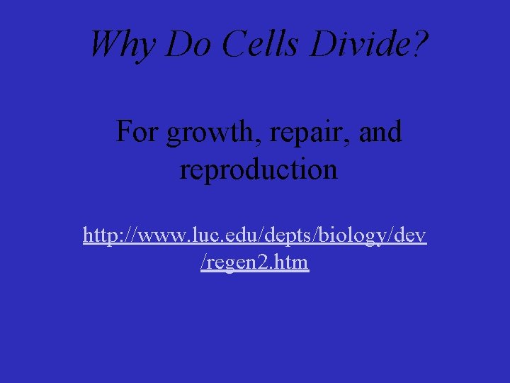 Why Do Cells Divide? For growth, repair, and reproduction http: //www. luc. edu/depts/biology/dev /regen