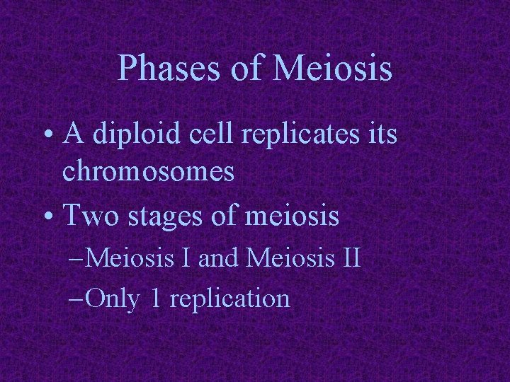Phases of Meiosis • A diploid cell replicates its chromosomes • Two stages of