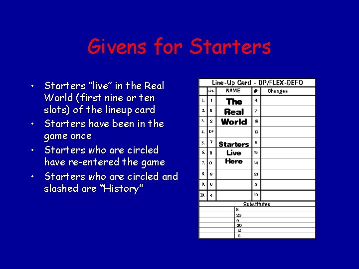 Givens for Starters • Starters “live” in the Real World (first nine or ten