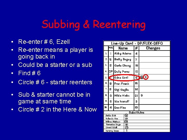 Subbing & Reentering • Re-enter # 6, Ezell • Re-enter means a player is