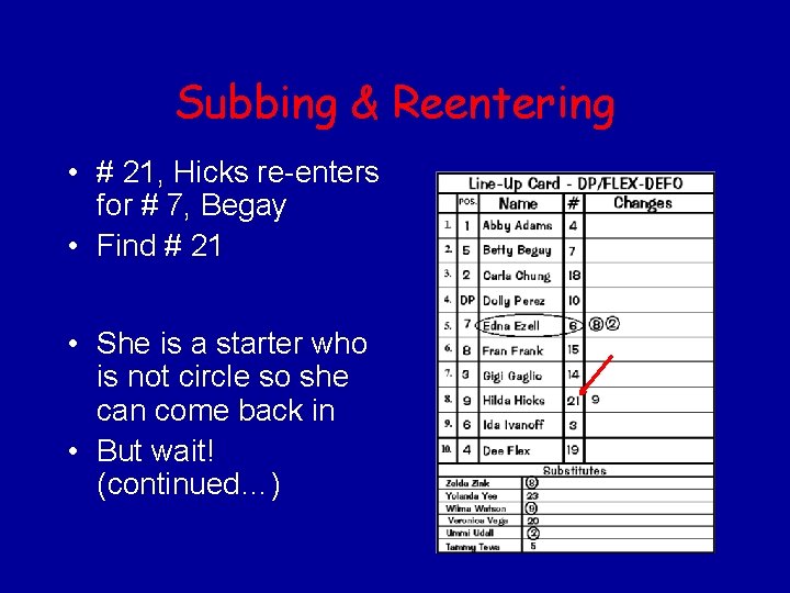 Subbing & Reentering • # 21, Hicks re-enters for # 7, Begay • Find