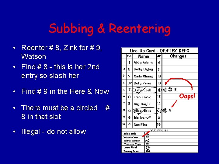 Subbing & Reentering • Reenter # 8, Zink for # 9, Watson • Find