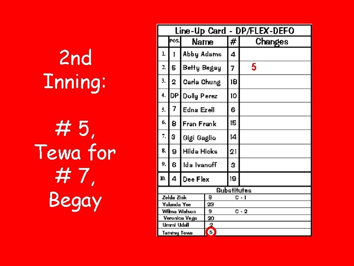 2 nd Inning: # 5, Tewa for # 7, Begay 5 