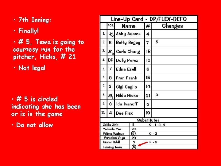  • 7 th Inning: • Finally! • # 5, Tewa is going to