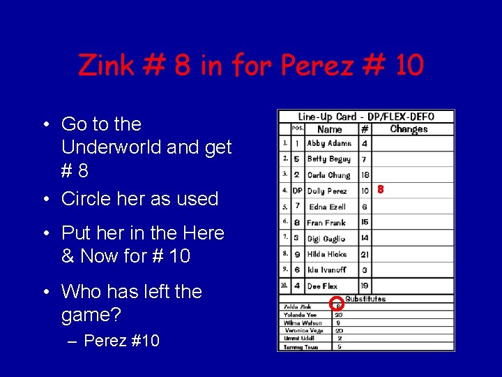 Zink # 8 in for Perez # 10 • Go to the Underworld and