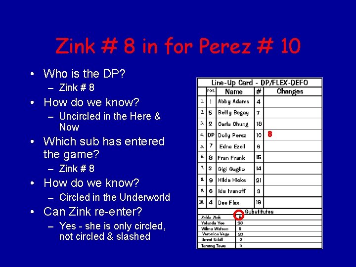 Zink # 8 in for Perez # 10 • Who is the DP? –