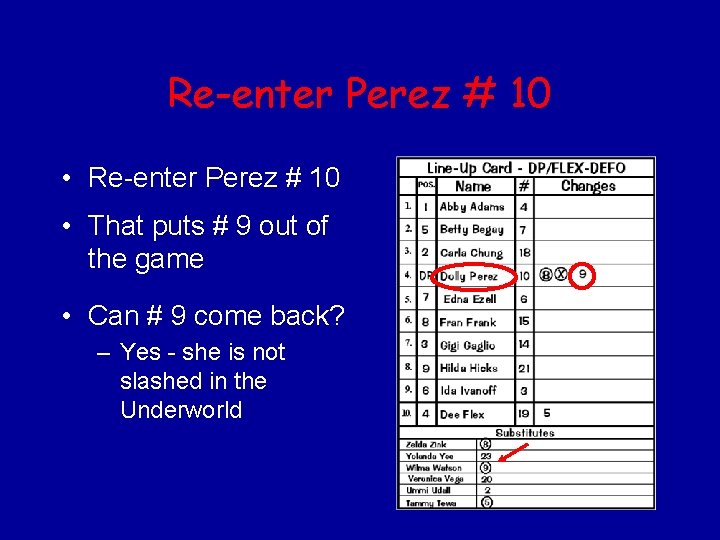 Re-enter Perez # 10 • That puts # 9 out of the game •