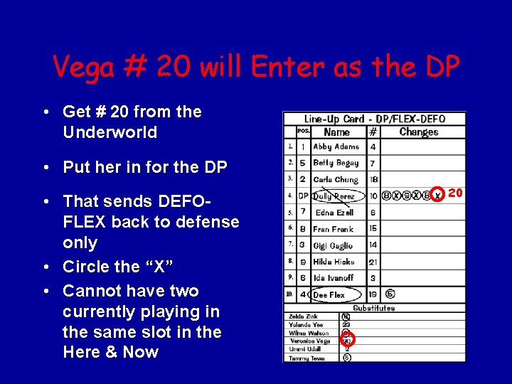 Vega # 20 will Enter as the DP • Get # 20 from the