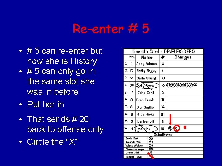 Re-enter # 5 • # 5 can re-enter but now she is History •
