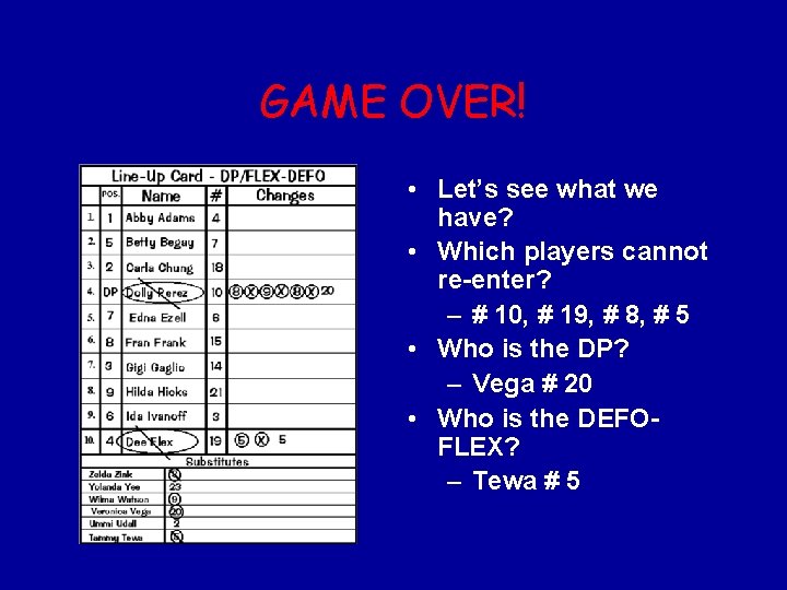 GAME OVER! • Let’s see what we have? • Which players cannot re-enter? –