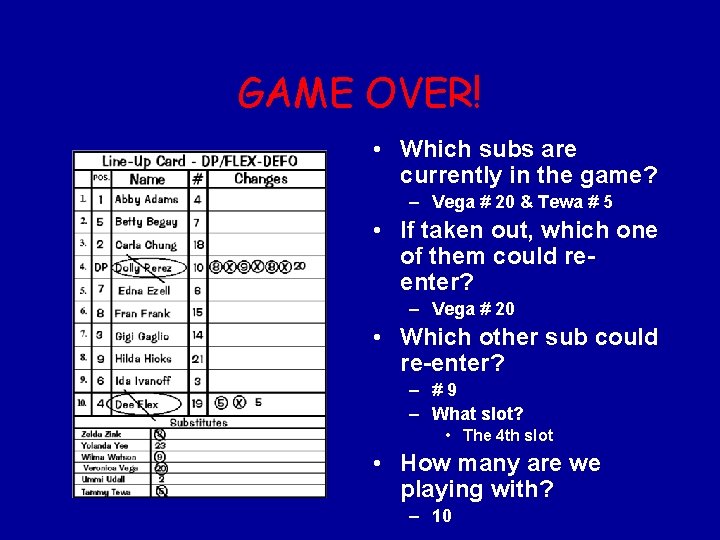 GAME OVER! • Which subs are currently in the game? – Vega # 20