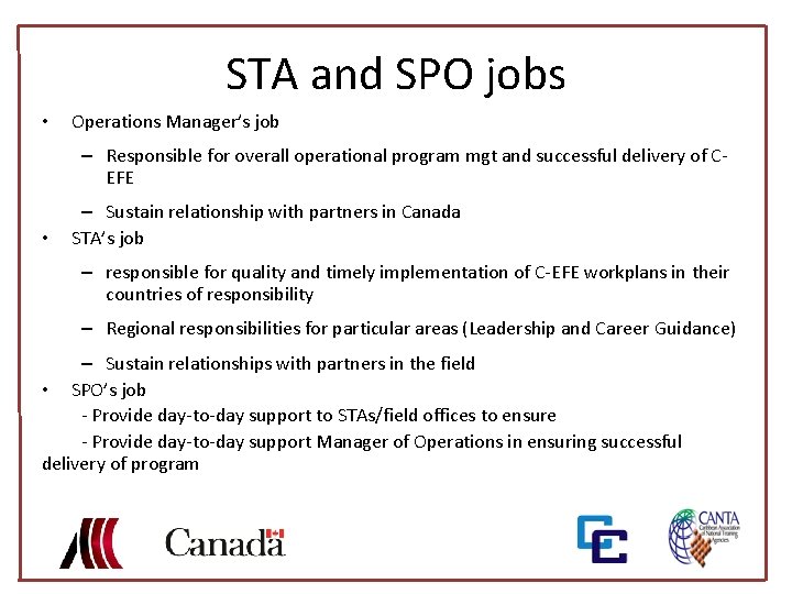 STA and SPO jobs • Operations Manager’s job – Responsible for overall operational program