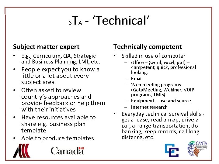 S TA - ‘Technical’ Subject matter expert Technically competent • E. g. , Curriculum,