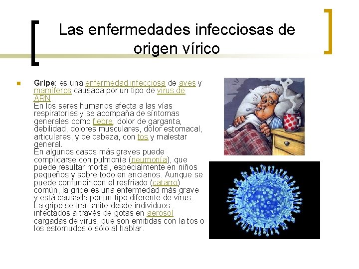 Las enfermedades infecciosas de origen vírico n Gripe: es una enfermedad infecciosa de aves