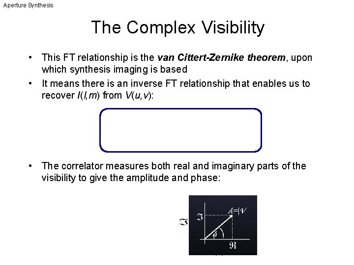Aperture Synthesis The Complex Visibility • This FT relationship is the van Cittert-Zernike theorem,