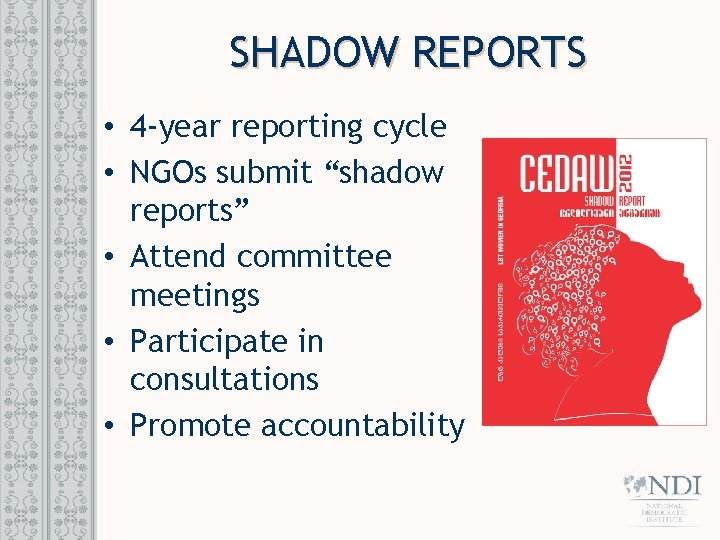 SHADOW REPORTS • 4 -year reporting cycle • NGOs submit “shadow reports” • Attend