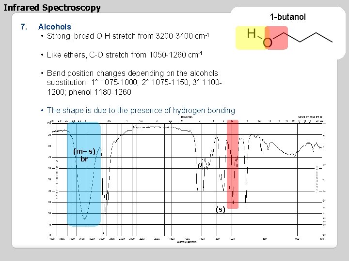 Infrared Spectroscopy 7. 1 -butanol Alcohols • Strong, broad O-H stretch from 3200 -3400