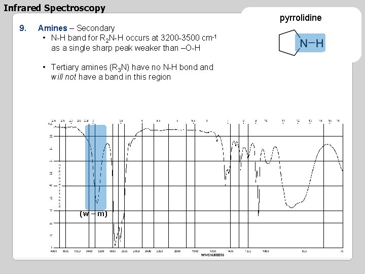 Infrared Spectroscopy 9. Amines – Secondary • N-H band for R 2 N-H occurs