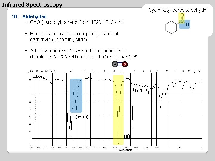 Infrared Spectroscopy Cyclohexyl carboxaldehyde 10. Aldehydes • C=O (carbonyl) stretch from 1720 -1740 cm-1