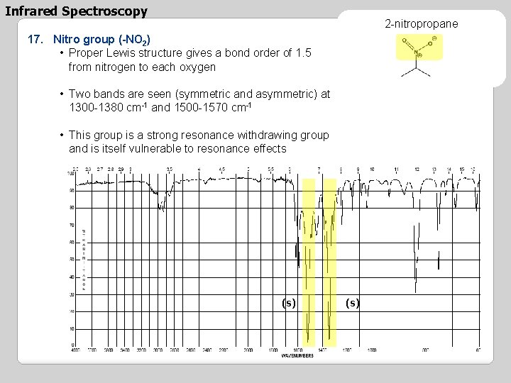 Infrared Spectroscopy 2 -nitropropane 17. Nitro group (-NO 2) • Proper Lewis structure gives