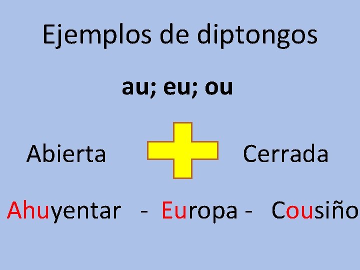 Ejemplos de diptongos au; eu; ou Abierta Cerrada Ahuyentar - Europa - Cousiño 