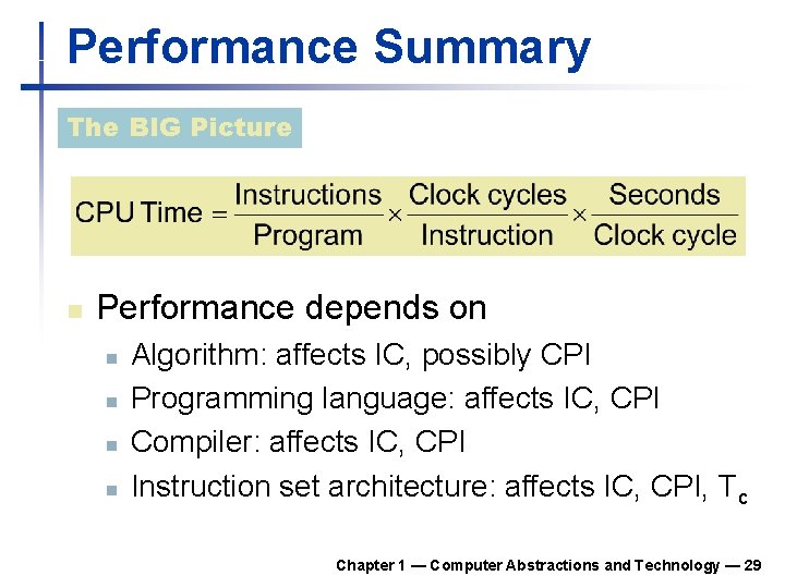 Performance Summary The BIG Picture n Performance depends on n n Algorithm: affects IC,