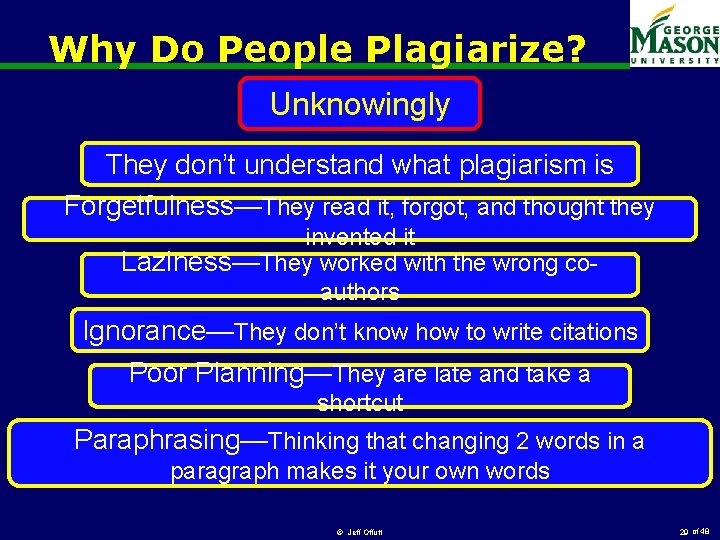 Why Do People Plagiarize? Unknowingly They don’t understand what plagiarism is Forgetfulness—They read it,