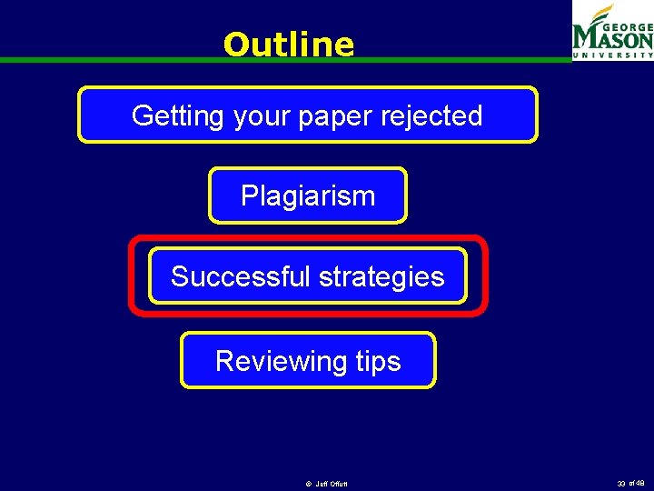 Outline Getting your paper rejected Plagiarism Successful strategies Reviewing tips © Jeff Offutt 33