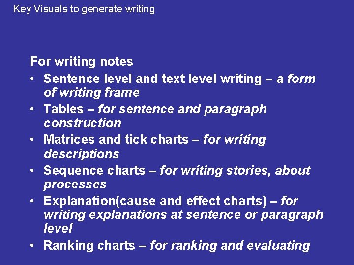 Key Visuals to generate writing For writing notes • Sentence level and text level