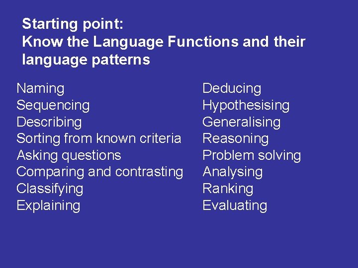 Starting point: Know the Language Functions and their language patterns Naming Sequencing Describing Sorting