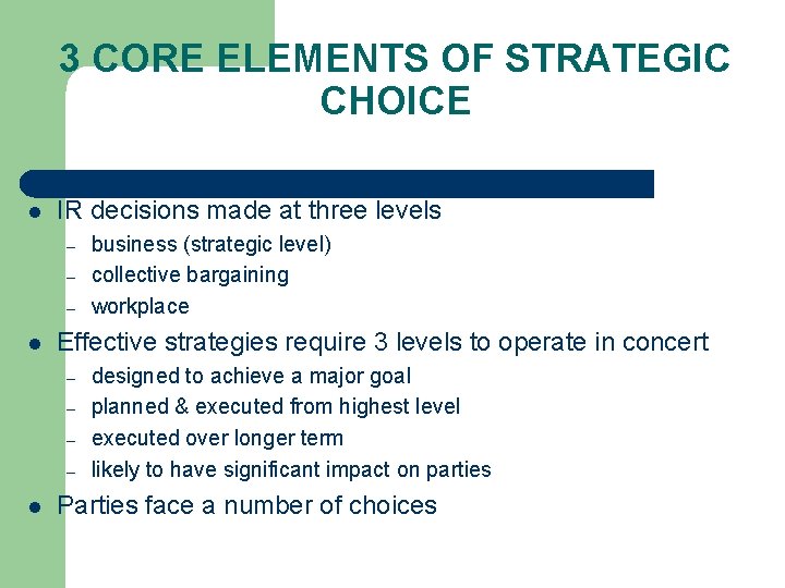 3 CORE ELEMENTS OF STRATEGIC CHOICE l IR decisions made at three levels –