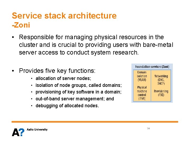 Service stack architecture -Zoni • Responsible for managing physical resources in the cluster and