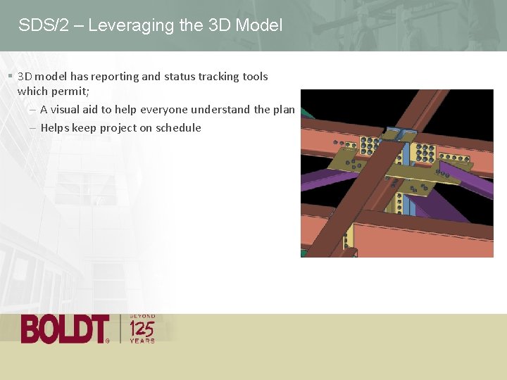 SDS/2 – Leveraging the 3 D Model § 3 D model has reporting and