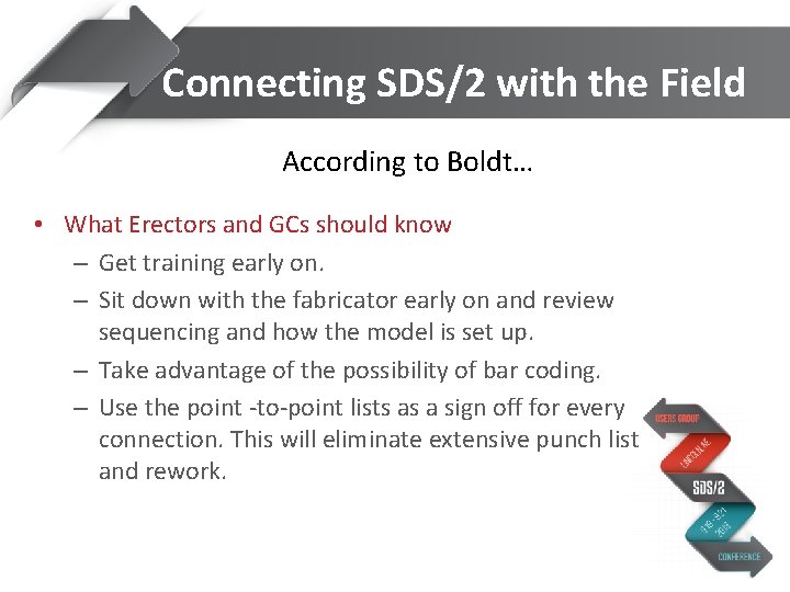 Connecting SDS/2 with the Field According to Boldt… • What Erectors and GCs should