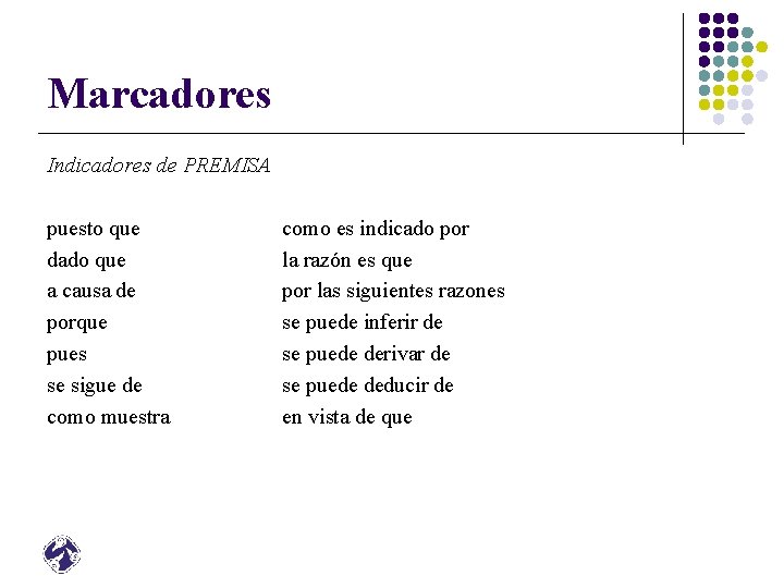 Marcadores Indicadores de PREMISA puesto que dado que a causa de porque pues se