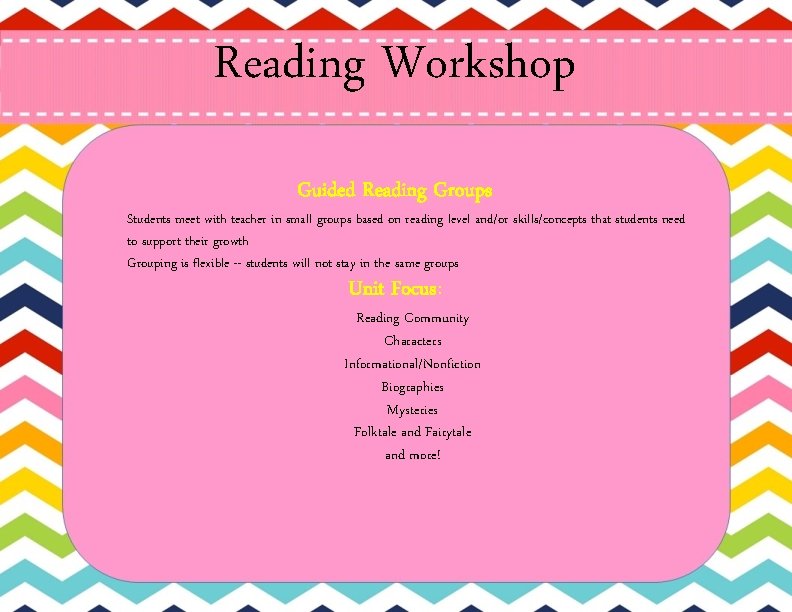 Reading Workshop Guided Reading Groups Students meet with teacher in small groups based on