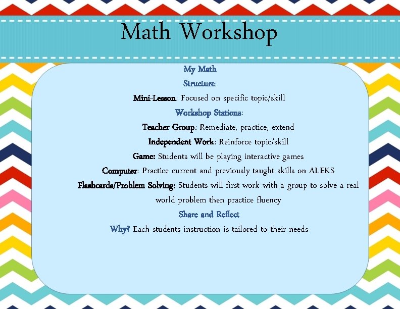 Math Workshop My Math Structure: Mini-Lesson: Focused on specific topic/skill Workshop Stations: Teacher Group: