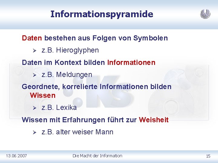 Informationspyramide Daten bestehen aus Folgen von Symbolen Ø z. B. Hieroglyphen Daten im Kontext