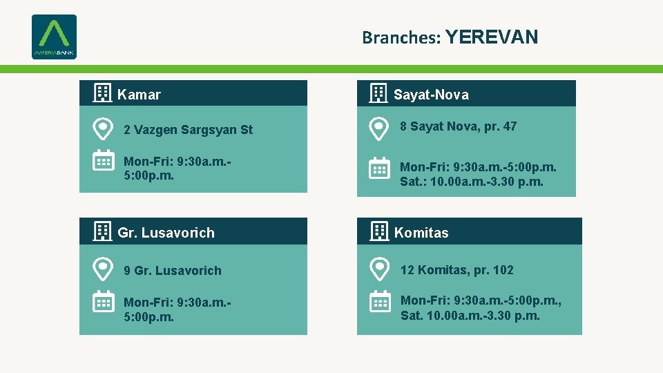 Branches: YEREVAN Kamar Sayat-Nova 2 Vazgen Sargsyan St 8 Sayat Nova, pr. 47 Mon-Fri: