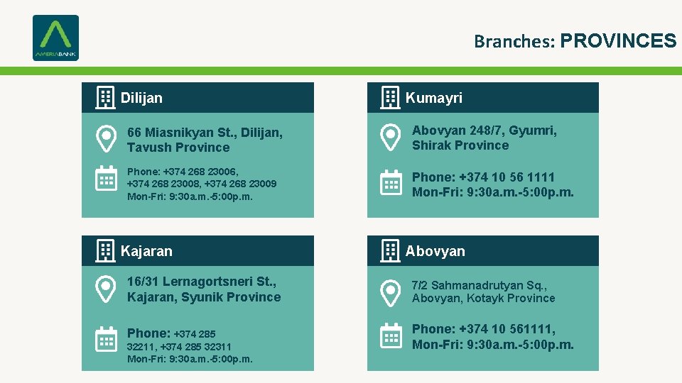 Branches: PROVINCES Dilijan Kumayri 66 Miasnikyan St. , Dilijan, Tavush Province Abovyan 248/7, Gyumri,