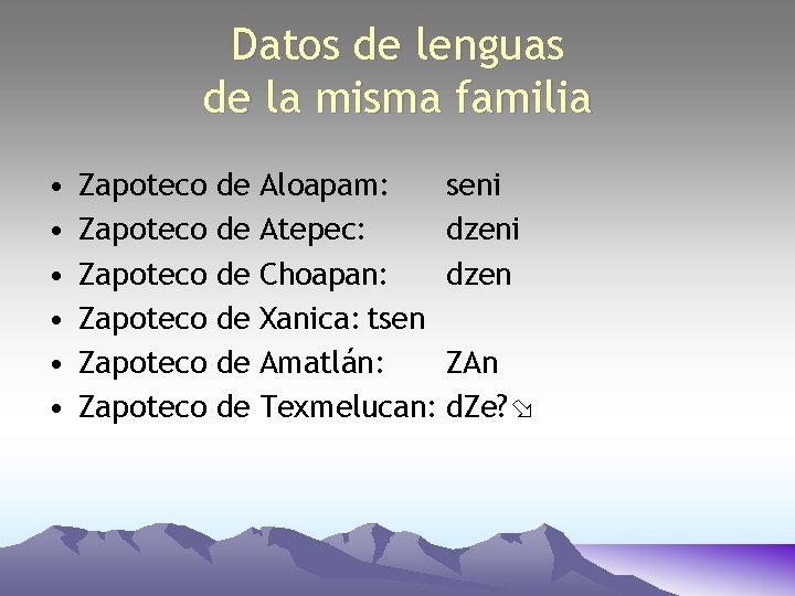 Datos de lenguas de la misma familia • • • Zapoteco Zapoteco de de Datos de lenguas de la misma familia • • • Zapoteco Zapoteco de de