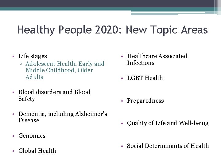 Healthy People 2020: New Topic Areas • Life stages ▫ Adolescent Health, Early and