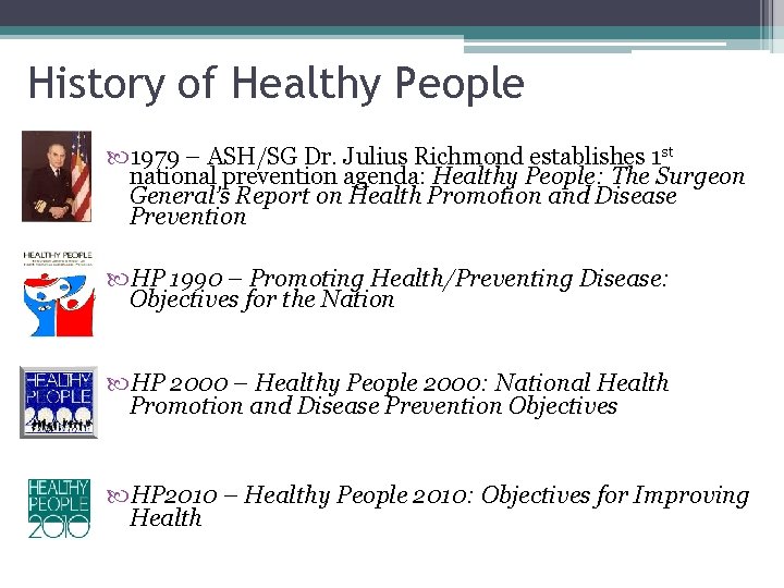 History of Healthy People 1979 – ASH/SG Dr. Julius Richmond establishes 1 st national