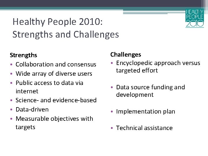 Healthy People 2010: Strengths and Challenges Strengths • Collaboration and consensus • Wide array